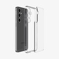 ACS08620 - Galaxy S24 FE Case Ultra Hybrid in Crystal Clear showing the transparent back of the case detached from the darker frame paralleled with the device