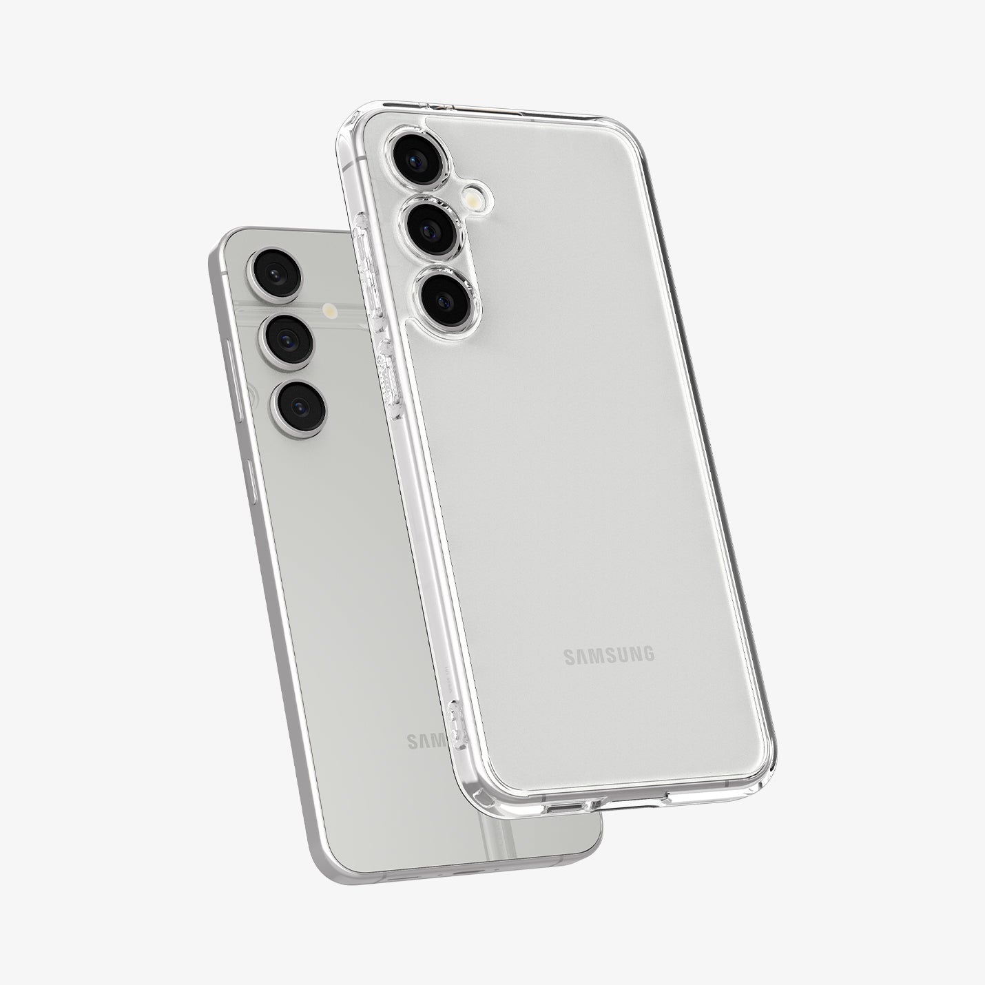ACS08620 - Galaxy S24 FE Case Ultra Hybrid in Crystal Clear showing the back of a transparent back case with darker frame hovering above the device