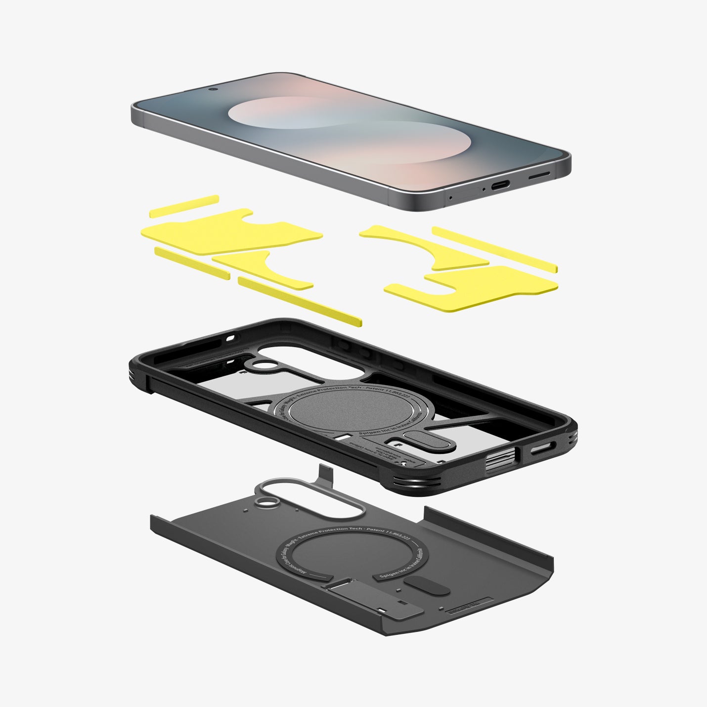 ACS10029 - Galaxy S25 FE Case Tough Armor (MagFit) in black showing the multiple layers of case hovering below the device