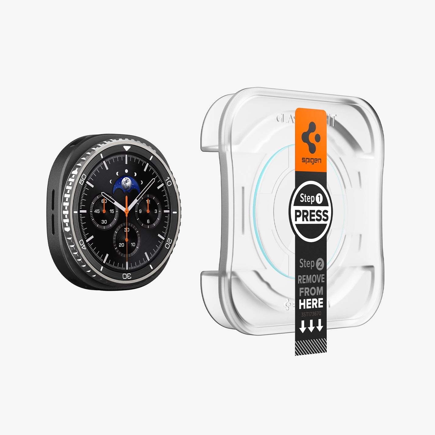 AGL09877 - Galaxy Watch 8 46mm GLAS.tR EZ Fit showing the watch face, screen protector and ez fit tray
