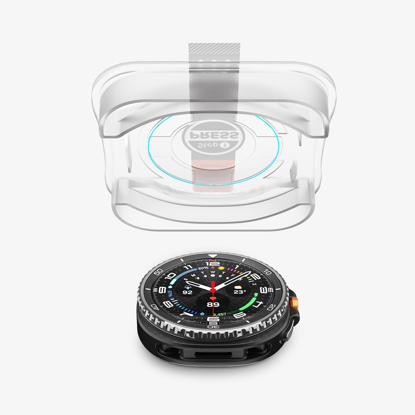 AGL09877 - Galaxy Watch 8 46mm GLAS.tR EZ Fit showing the ez fit tray and screen protector hovering above the watch face