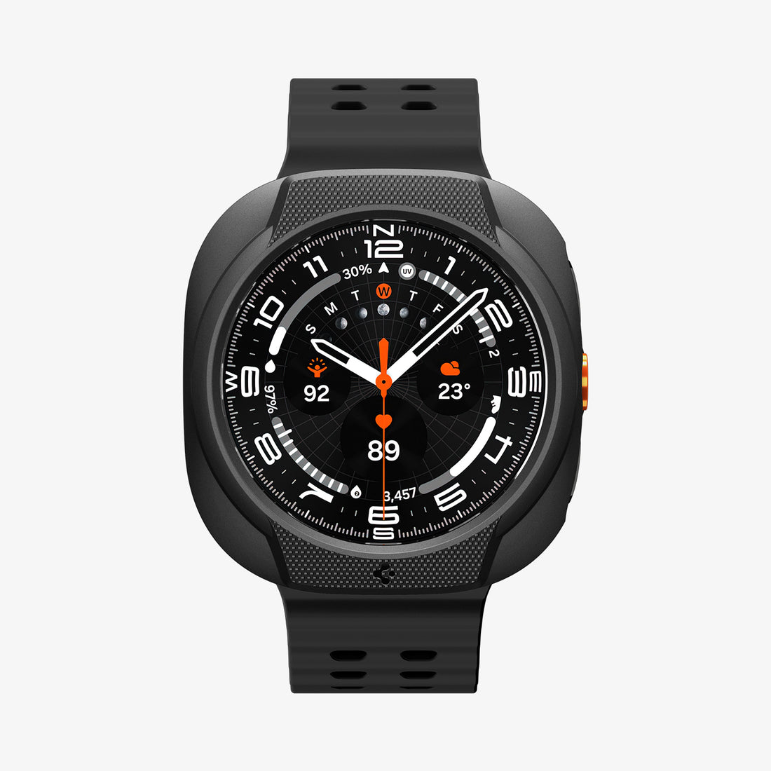 ACS11610 - Watch Ultra (47mm) Liquid Air in Matte Black showing a front view of a smartwatch with a textured protective case, raised bezel, and perforated watch band.