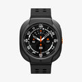 ACS11610 - Watch Ultra (47mm) Liquid Air in Matte Black showing a front view of a smartwatch with a textured protective case, raised bezel, and perforated watch band.