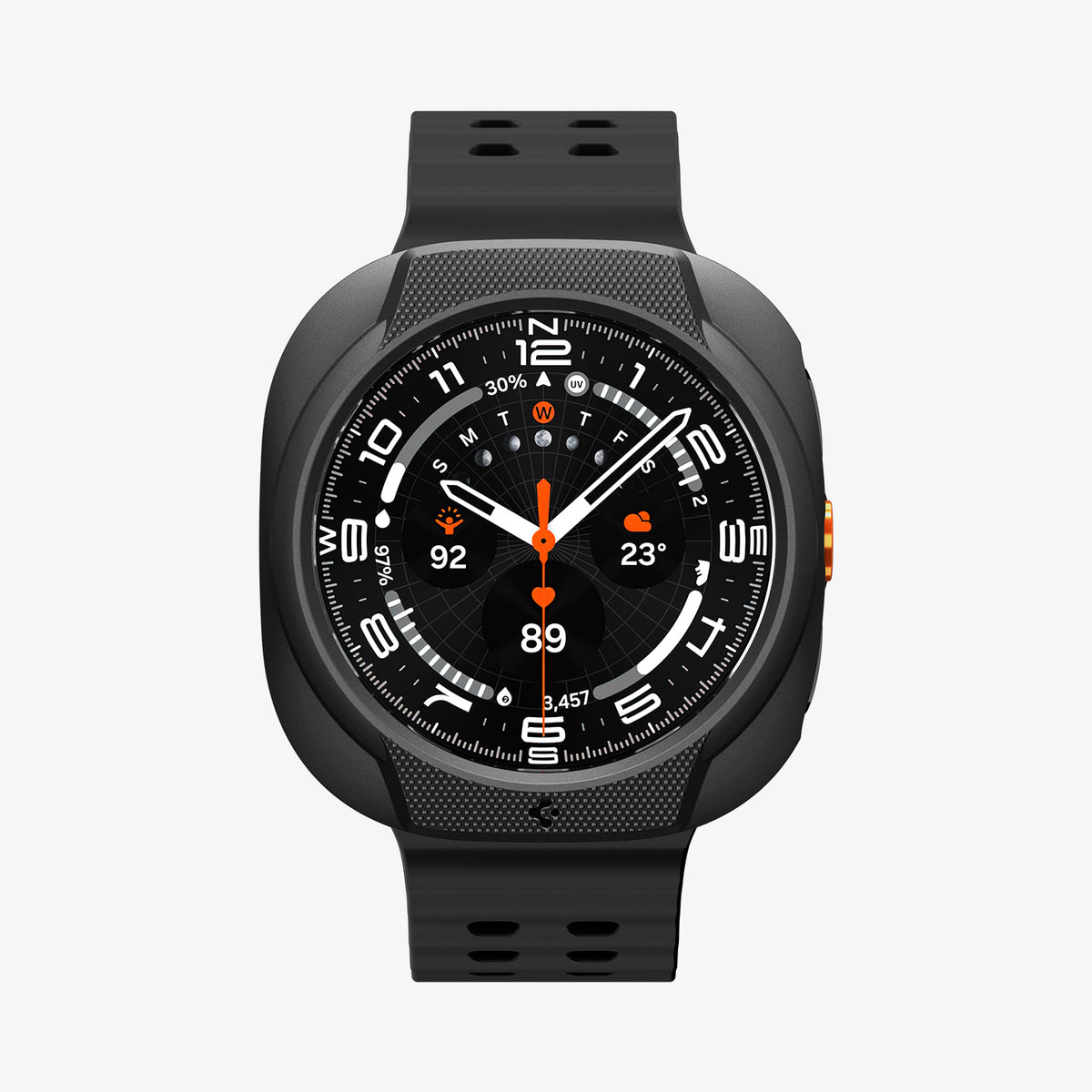 ACS11610 - Watch Ultra (47mm) Liquid Air in Matte Black showing a front view of a smartwatch with a textured protective case, raised bezel, and perforated watch band.