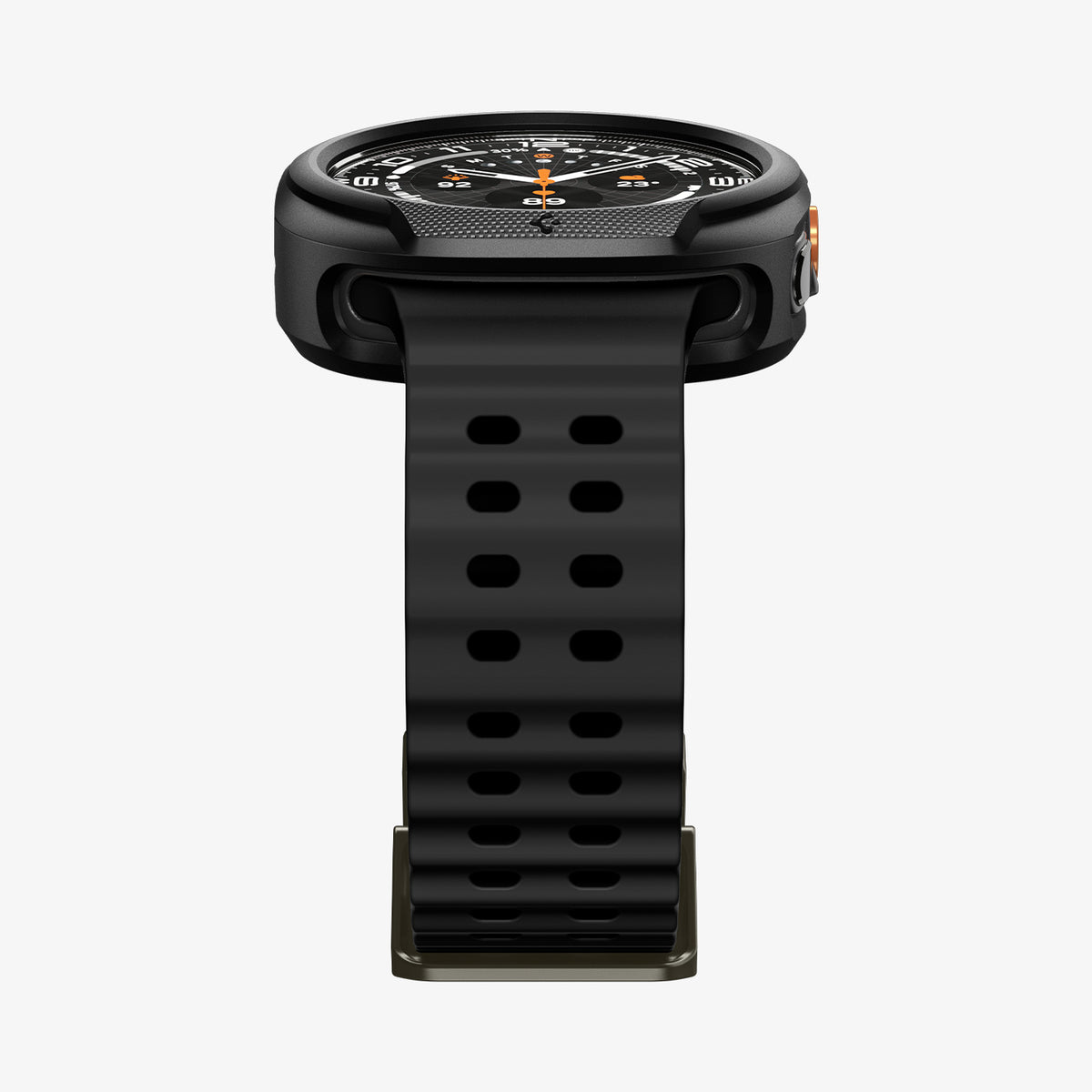 ACS11610 - Watch Ultra (47mm) Liquid Air in Matte Black showing a side view of a smartwatch with a raised protective bezel and a perforated watch band.
