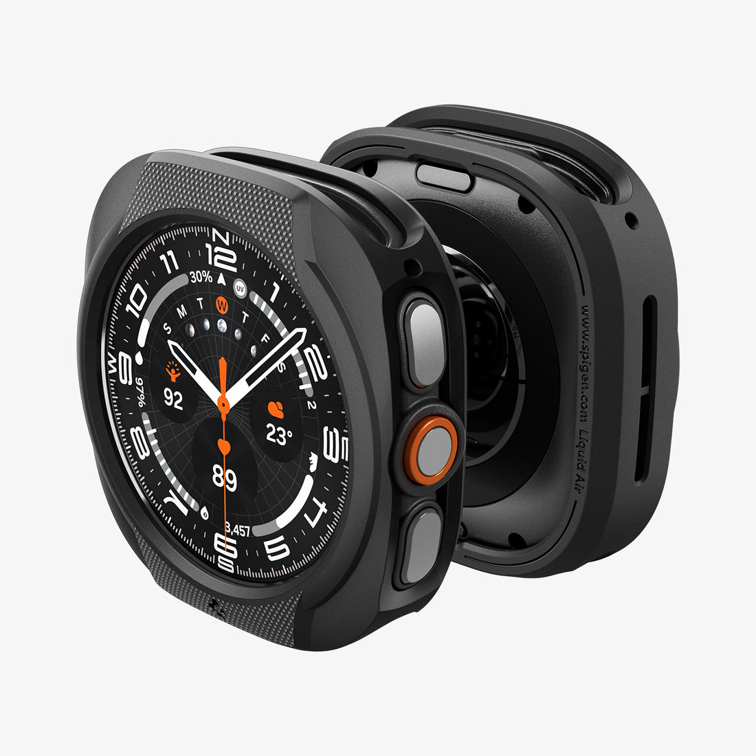 ACS11610 - Watch Ultra (47mm) Liquid Air in Matte Black showing an exploded view of a smartwatch protective case with precise button cutouts and an open back design.