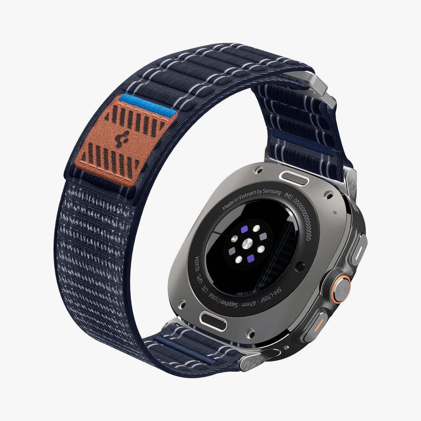 AMP10148 - Galaxy Watch Ultra WBF0 in navy showing the partial side and back, inner side and bottom zoomed in