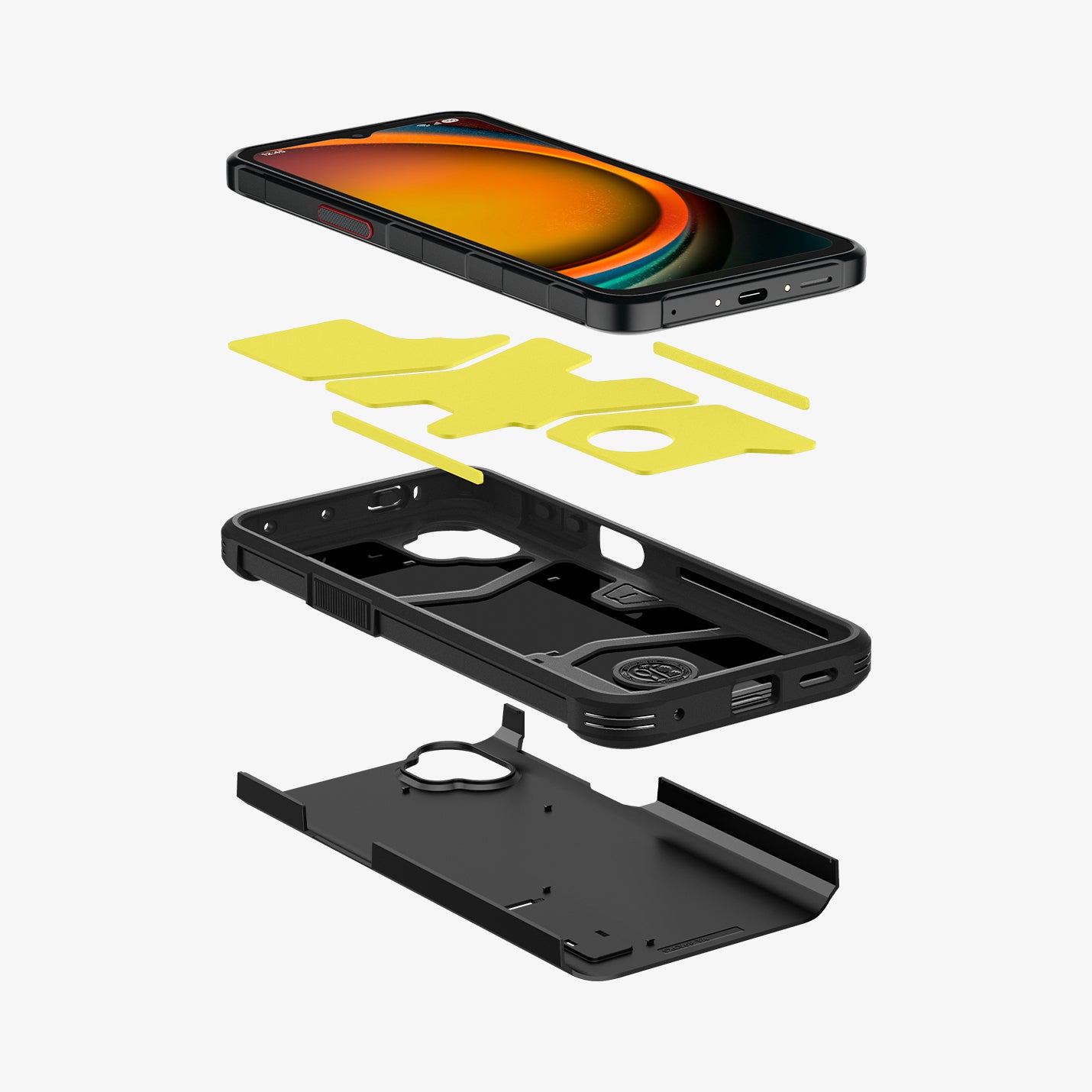 ACS09332 - Galaxy XCover 7 Pro Tough Armor Case in black showing the device hovering above the detached impact foam, tpu case and the pc cover