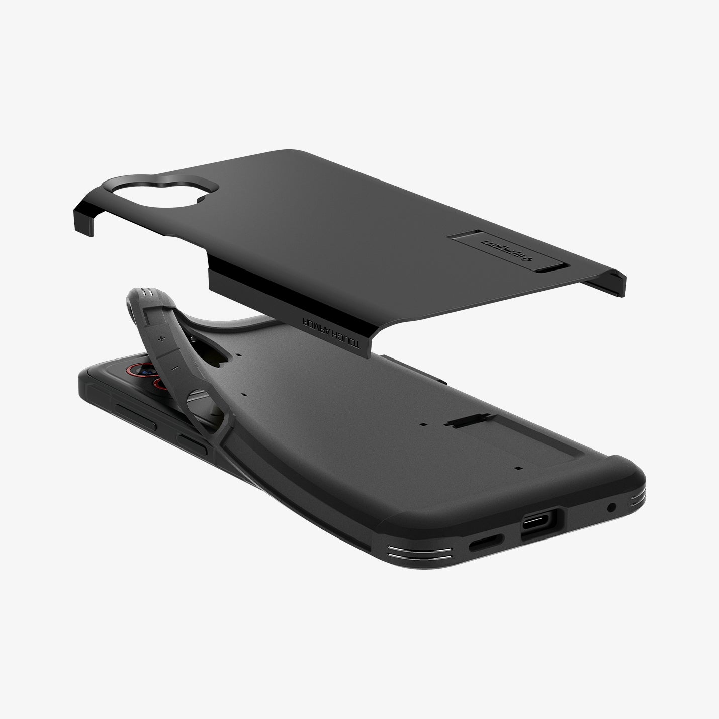 ACS09332 - Galaxy XCover 7 Pro Tough Armor Case in black showing the detached back of the PC hovering above the TPU case edge slightly lifted 
