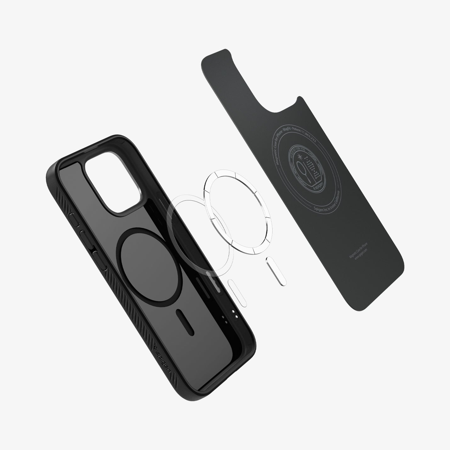 ACS09116 - iPhone 16 Pro Case Liquid Air T (MagFit + Camera Control) in Matte Black showing the inner layer hovering above the detached magnet plate ring and the case showing the inner part
