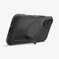 ACS09689 - iPhone 17 Slim Armor (MagFit) in Frost Black showing the back, partial side and bottom, propped up with a built-in kickstand