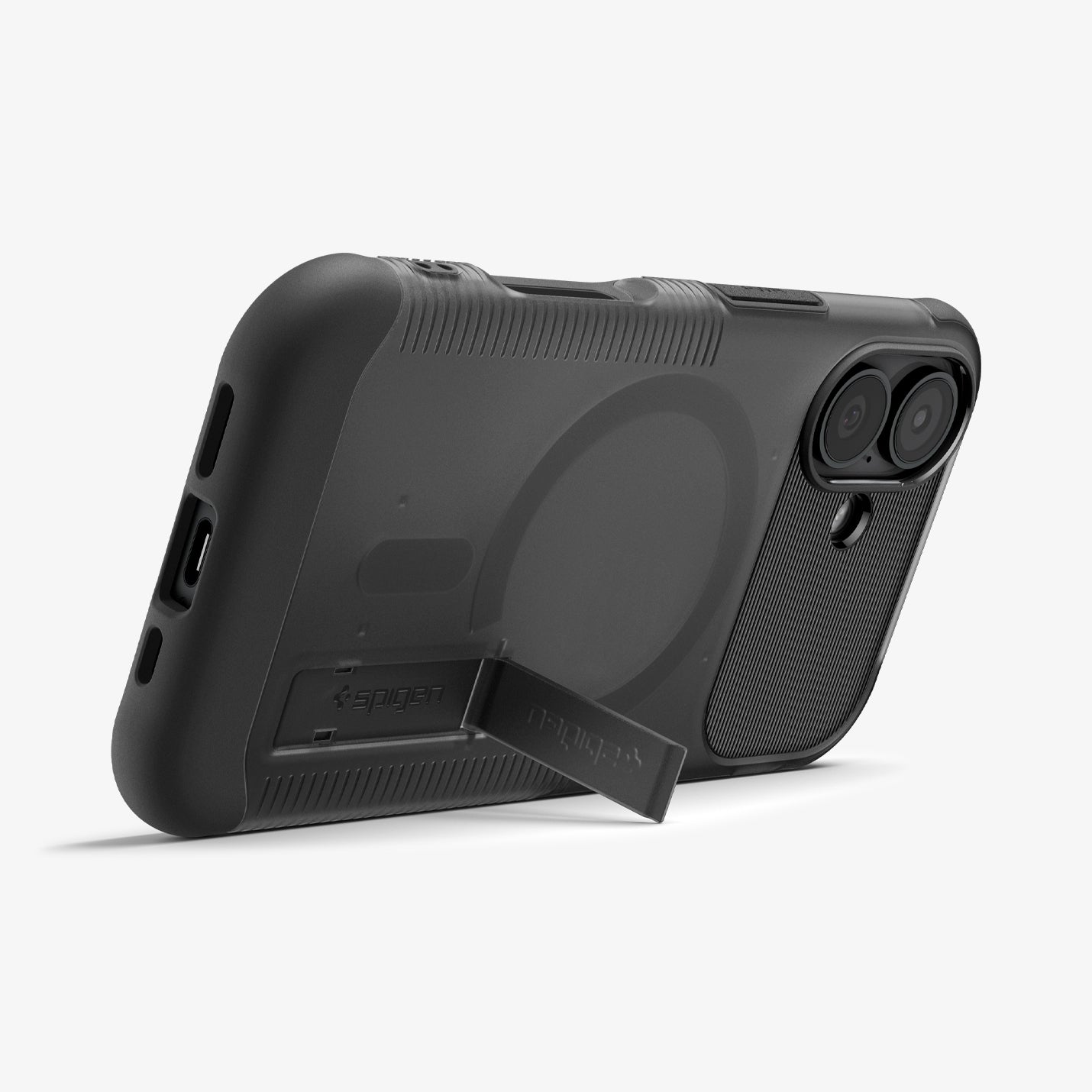 ACS09689 - iPhone 17 Slim Armor (MagFit) in Frost Black showing the back, partial side and bottom, propped up with a built-in kickstand