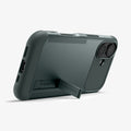 ACS09688 - iPhone 17 Slim Armor (MagFit) in Abyss Green showing the back, partial side and bottom, propped up with a built-in kickstand
