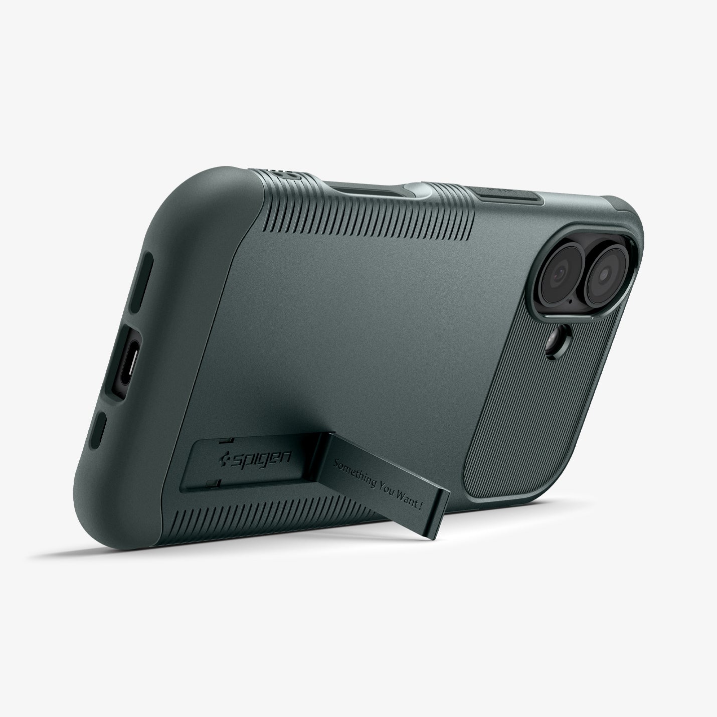 ACS09688 - iPhone 17 Slim Armor (MagFit) in Abyss Green showing the back, partial side and bottom, propped up with a built-in kickstand