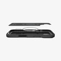 ACS09969 - iPhone 17 Thin Fit (MagFit) in Black showing the inner layer hovering above the detached magnet ring plate and the case