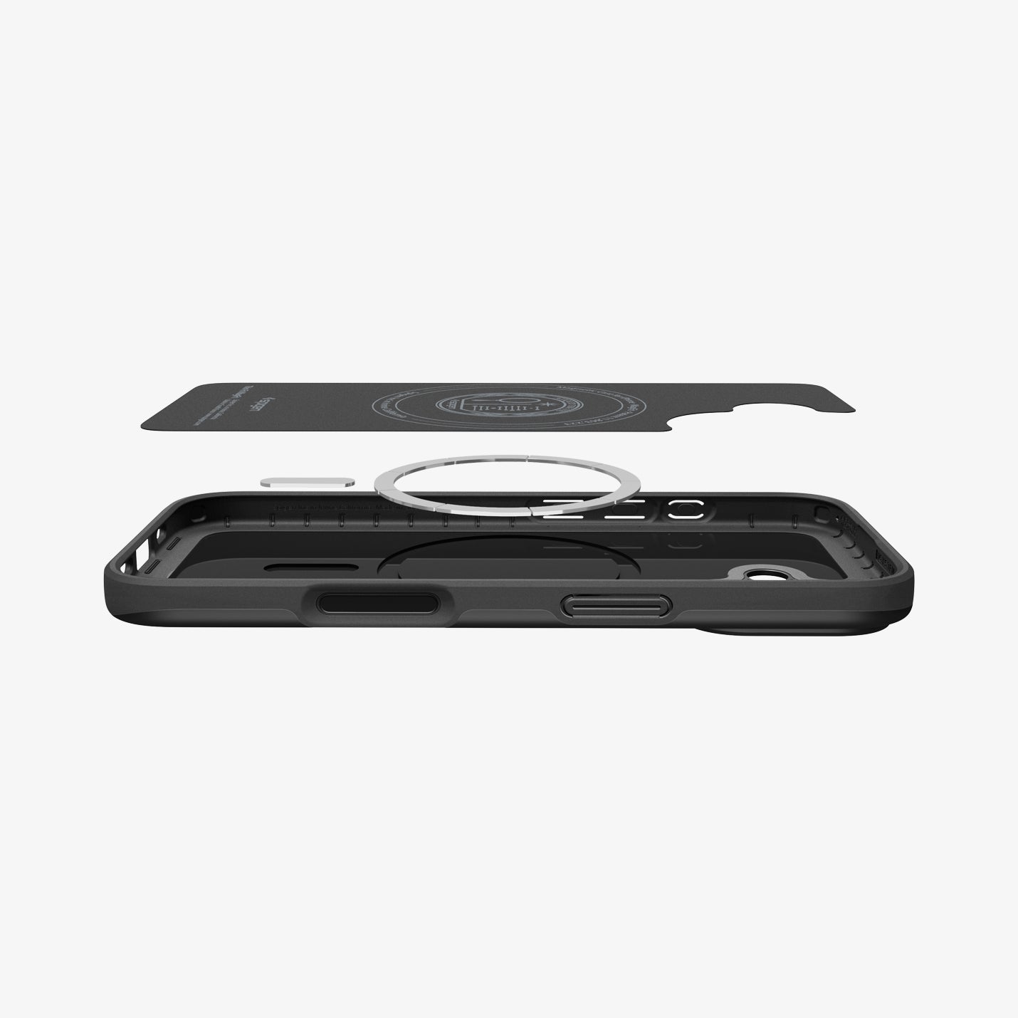 ACS09969 - iPhone 17 Thin Fit (MagFit) in Black showing the inner layer hovering above the detached magnet ring plate and the case