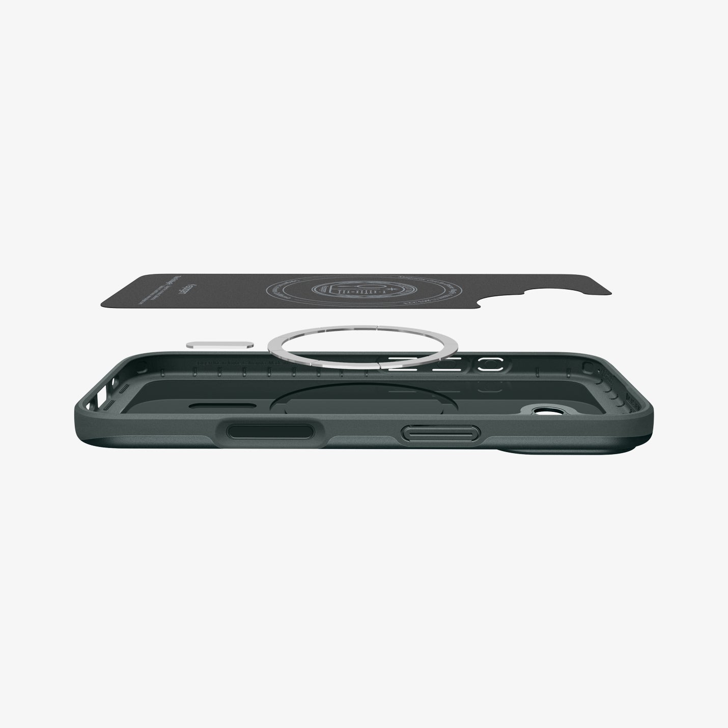 ACS09970 - iPhone 17 Thin Fit (MagFit) in Abyss Green showing the inner layer hovering above the detached magnet ring plate and the case
