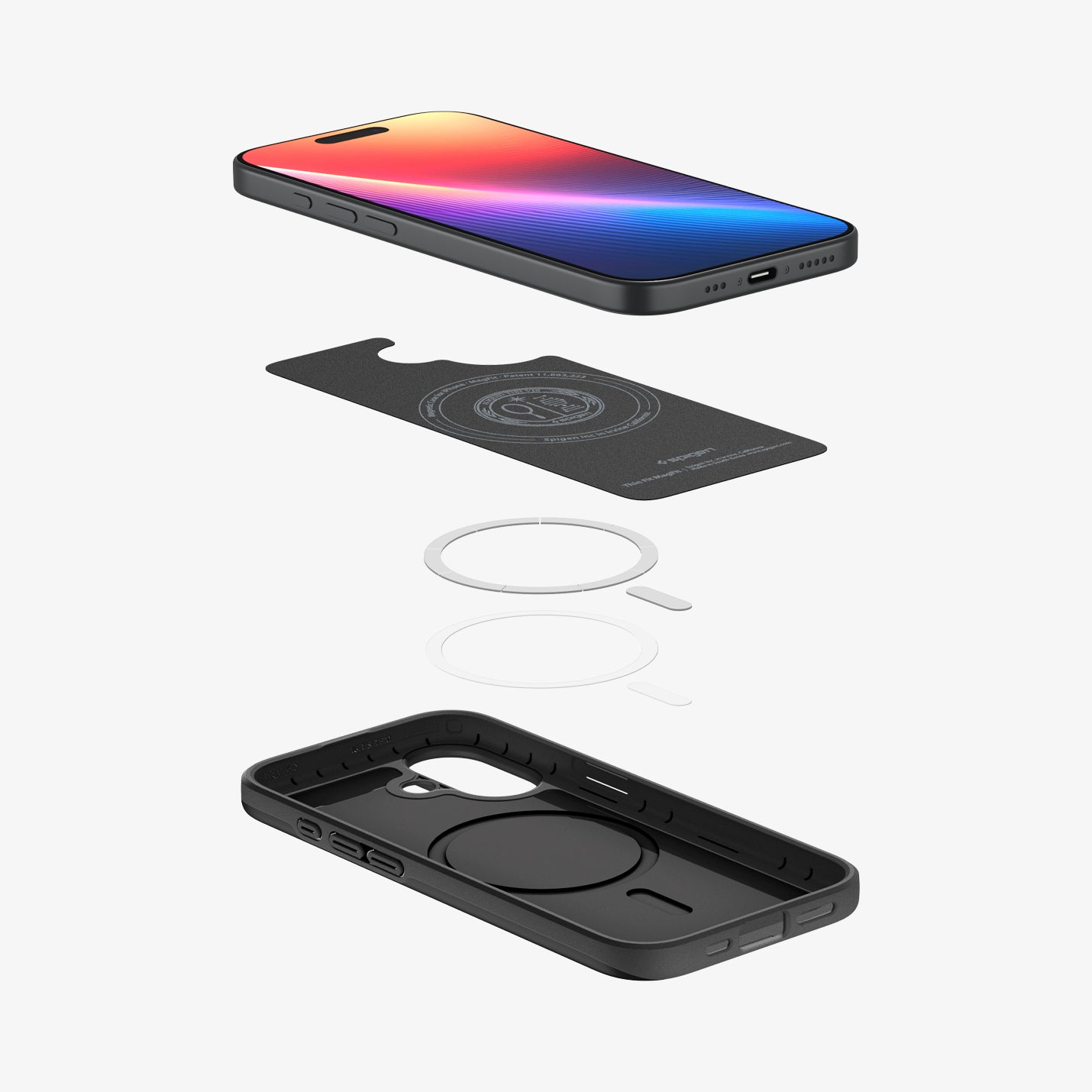 ACS09969 - iPhone 17 Thin Fit (MagFit) in Black showing the device hovering above the detached inner layer, metal ring plate and the case