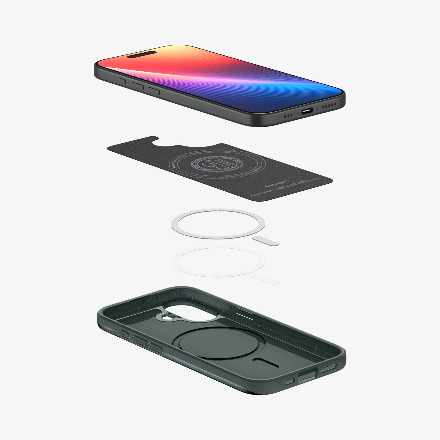 ACS09970 - iPhone 17 Thin Fit (MagFit) in Abyss Green showing the device hovering above the detached inner layer, metal ring plate and the case