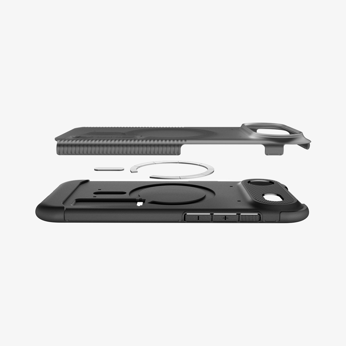 ACS09679 - iPhone 17 Air Slim Armor (MagFit) in Frost Black showing the back cover hovering above detached metal ring plate and the back of the case