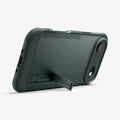 ACS09678 - iPhone 17 Air Slim Armor (MagFit) in Abyss Green showing the back, partial side and bottom, propped up with a built-in kickstand