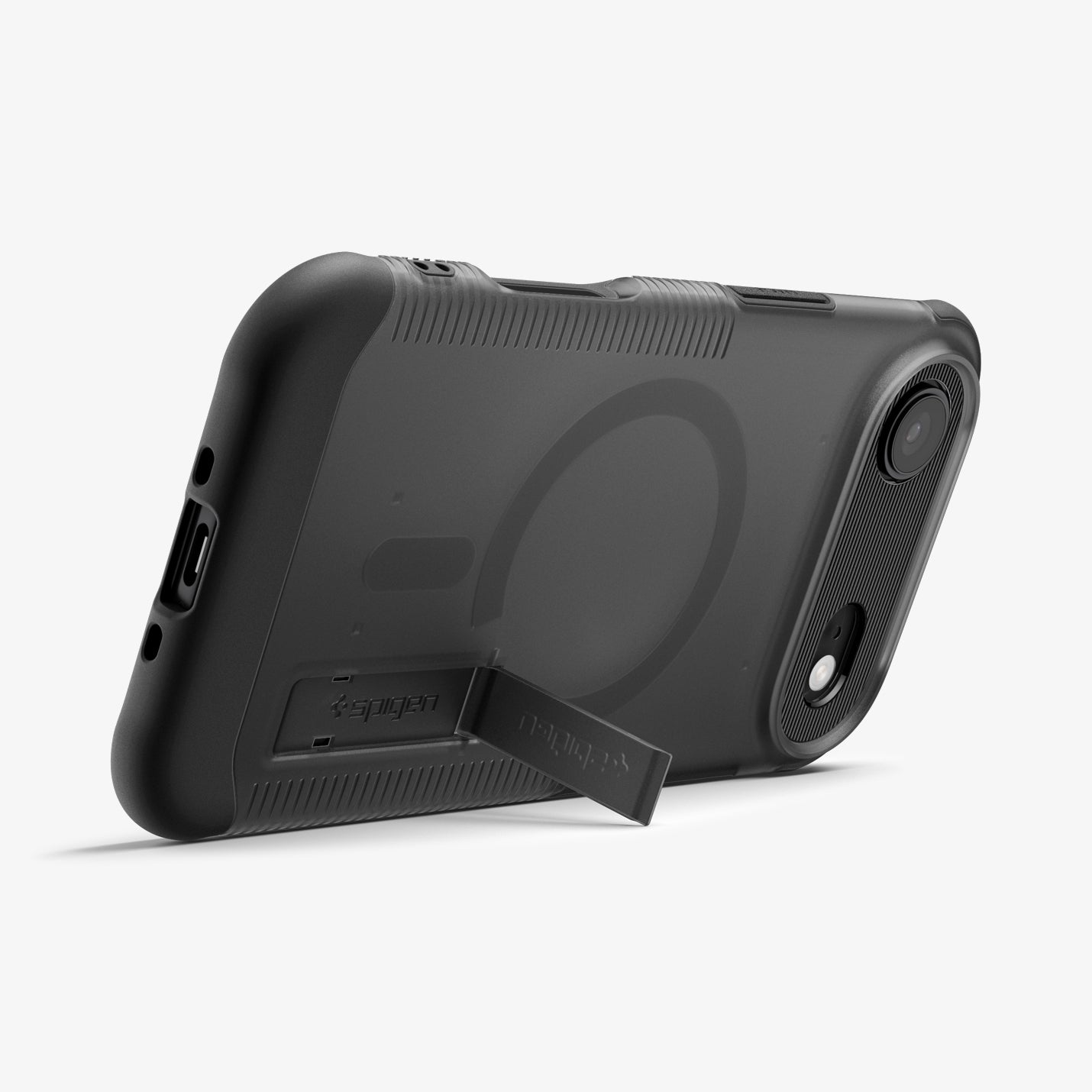 ACS09679 - iPhone 17 Air Slim Armor (MagFit) in Frost Black showing the back, partial side and bottom, propped up with a built-in kickstand