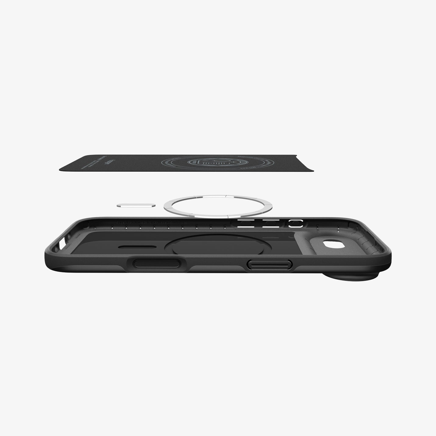 ACS09916 - iPhone 17 Air Thin Fit (MagFit) in Black showing the inner layer hovering above the detached magnet ring plate and the case