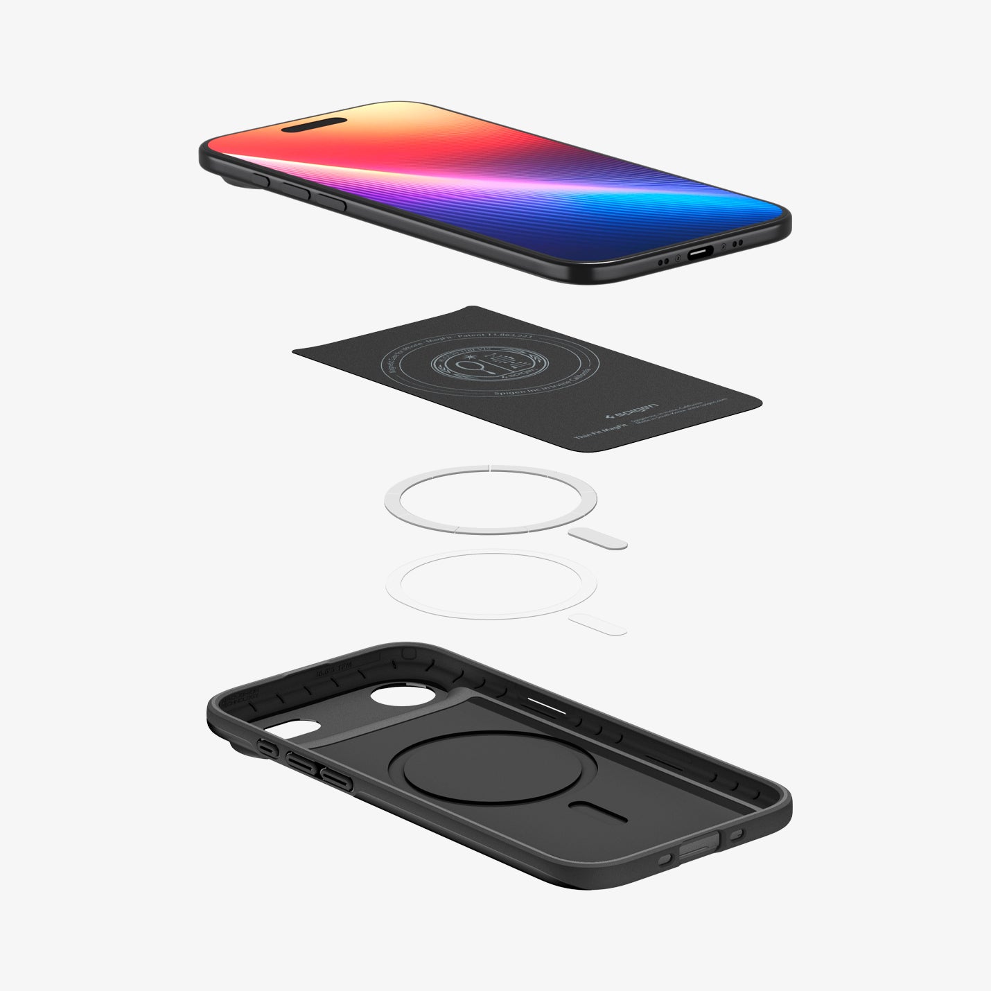 ACS09916 - iPhone 17 Air Thin Fit (MagFit) in Black showing the device hovering above the detached inner layer, metal ring plate and the case