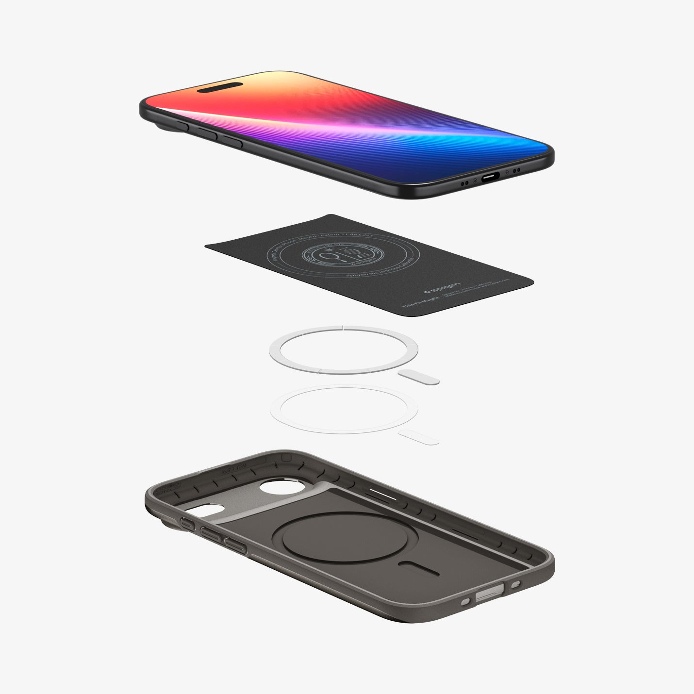 ACS09918 - iPhone 17 Air Thin Fit (MagFit) in Gunmetal showing the device hovering above the detached inner layer, metal ring plate and the case
