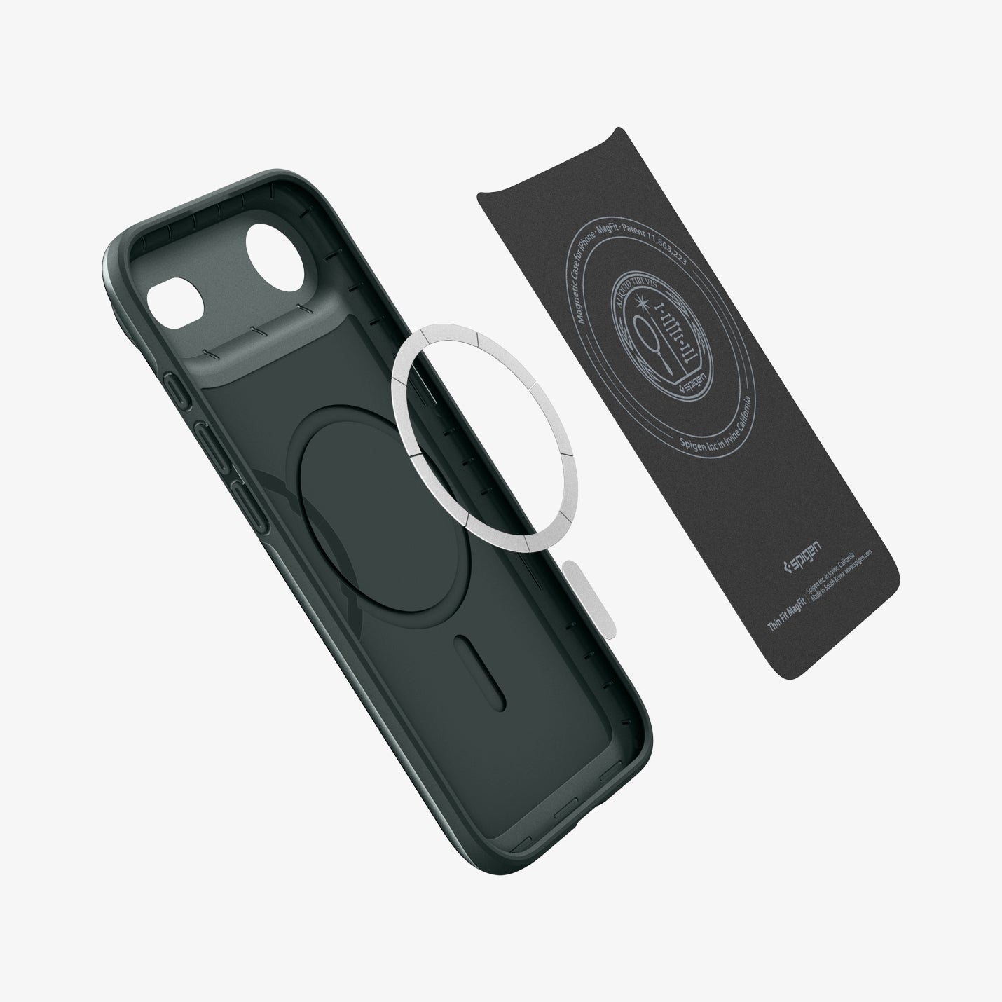 ACS09917 - iPhone 17 Air Thin Fit (MagFit) in Abyss Green showing the inner layer hovering from detached magnet ring plate and the case