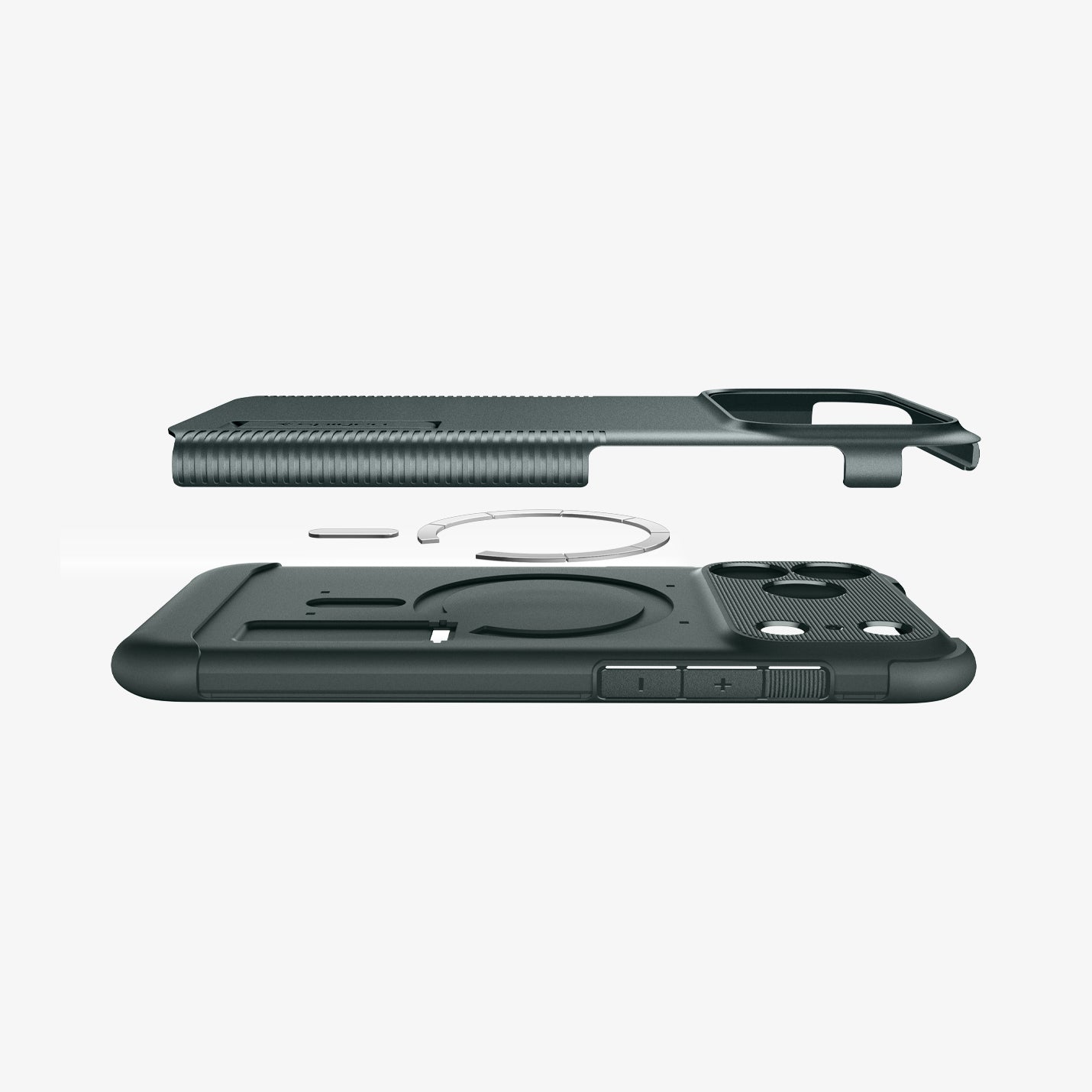 ACS09683 - iPhone 17 Pro Slim Armor (MagFit) in Abyss Green showing the back cover hovering above detached metal ring plate and the back of the case