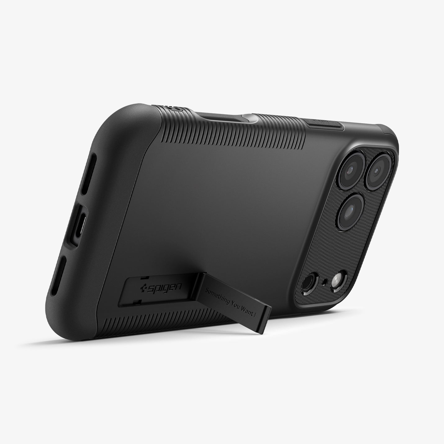 ACS09635 - iPhone 17 Pro Slim Armor (MagFit) in Black showing the back, partial side and bottom, propped up with a built-in kickstand