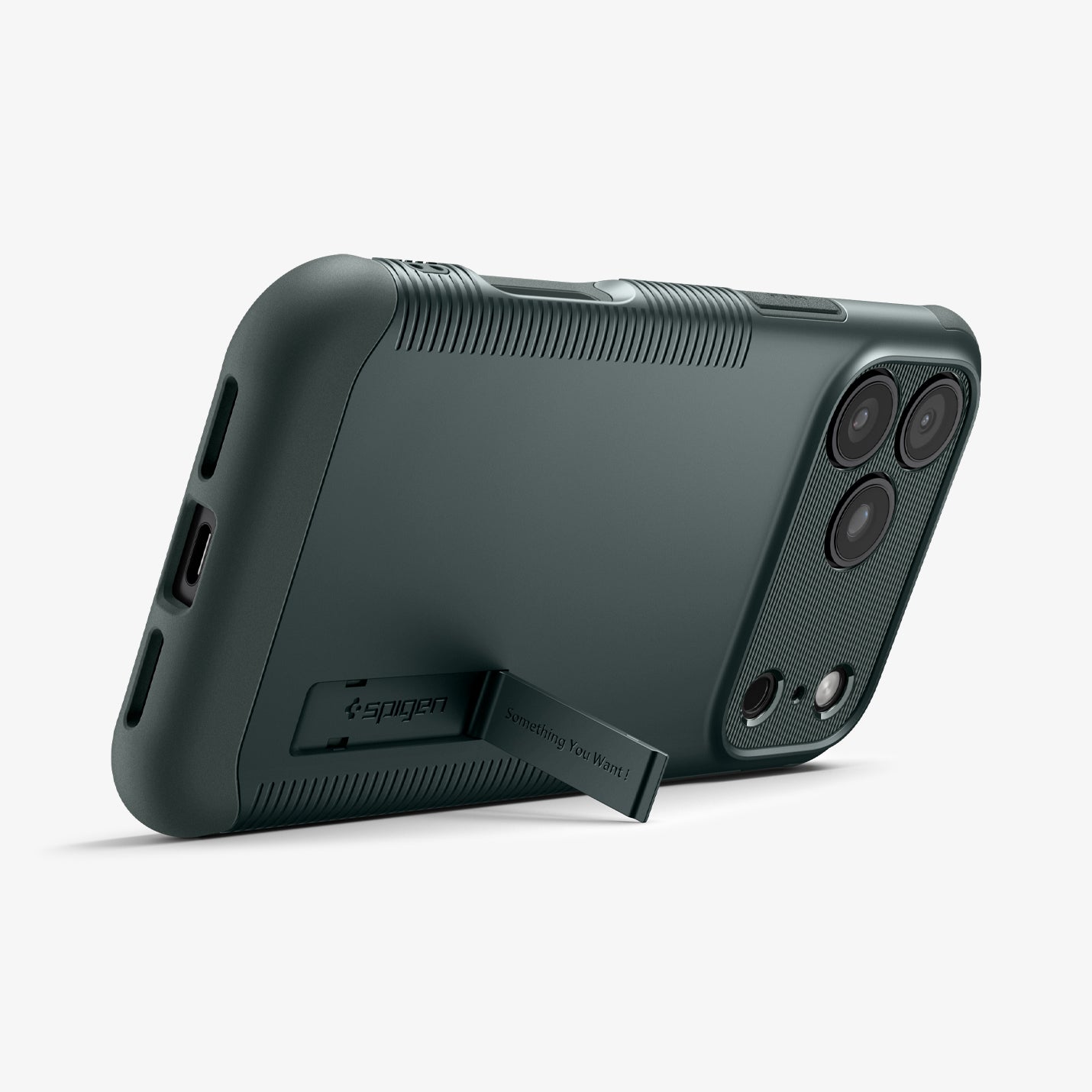 ACS09683 - iPhone 17 Pro Slim Armor (MagFit) in Abyss Green showing the back, partial side and bottom, propped up with a built-in kickstand