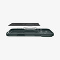 ACS09935 - iPhone 17 Pro Thin Fit (MagFit) in Abyss Green showing the inner layer hovering above the detached magnet ring plate and the case