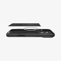 ACS09934 - iPhone 17 Pro Thin Fit (MagFit) in black showing the inner layer hovering above the detached magnet ring plate and the case