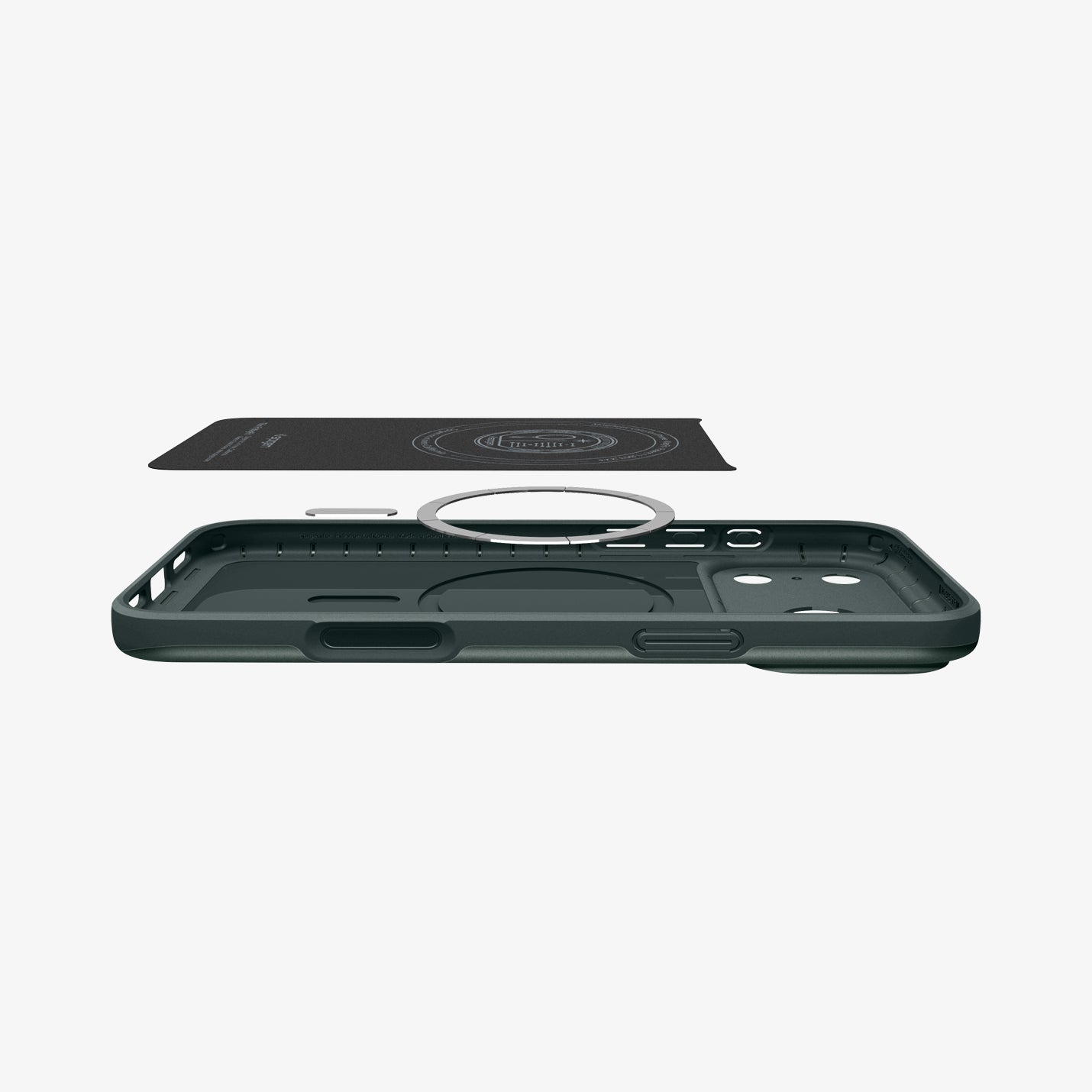 ACS09880 - iPhone 17 Pro Max Thin Fit (MagFit) in abyss green showing the inner layer hovering above the detached magnet ring plate and the case