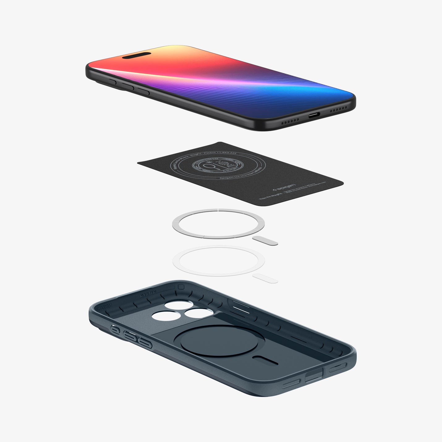 ACS09882 - iPhone 17 Pro Max Thin Fit (MagFit) in Metal Slate showing the device hovering above the detached inner layer, metal ring plate and the case