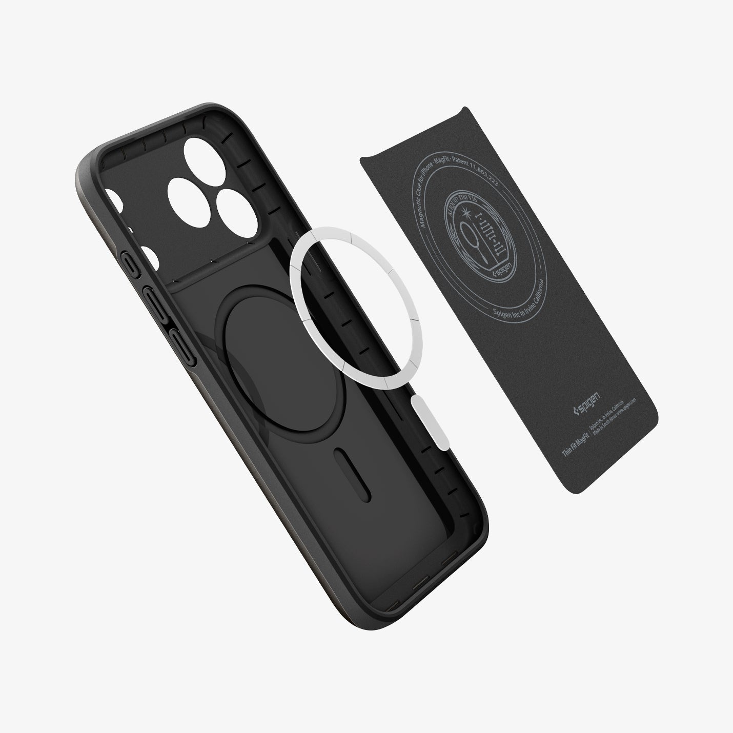 ACS09934 - iPhone 17 Pro Thin Fit (MagFit) in black showing the inner layer hovering from detached magnet ring plate and the case