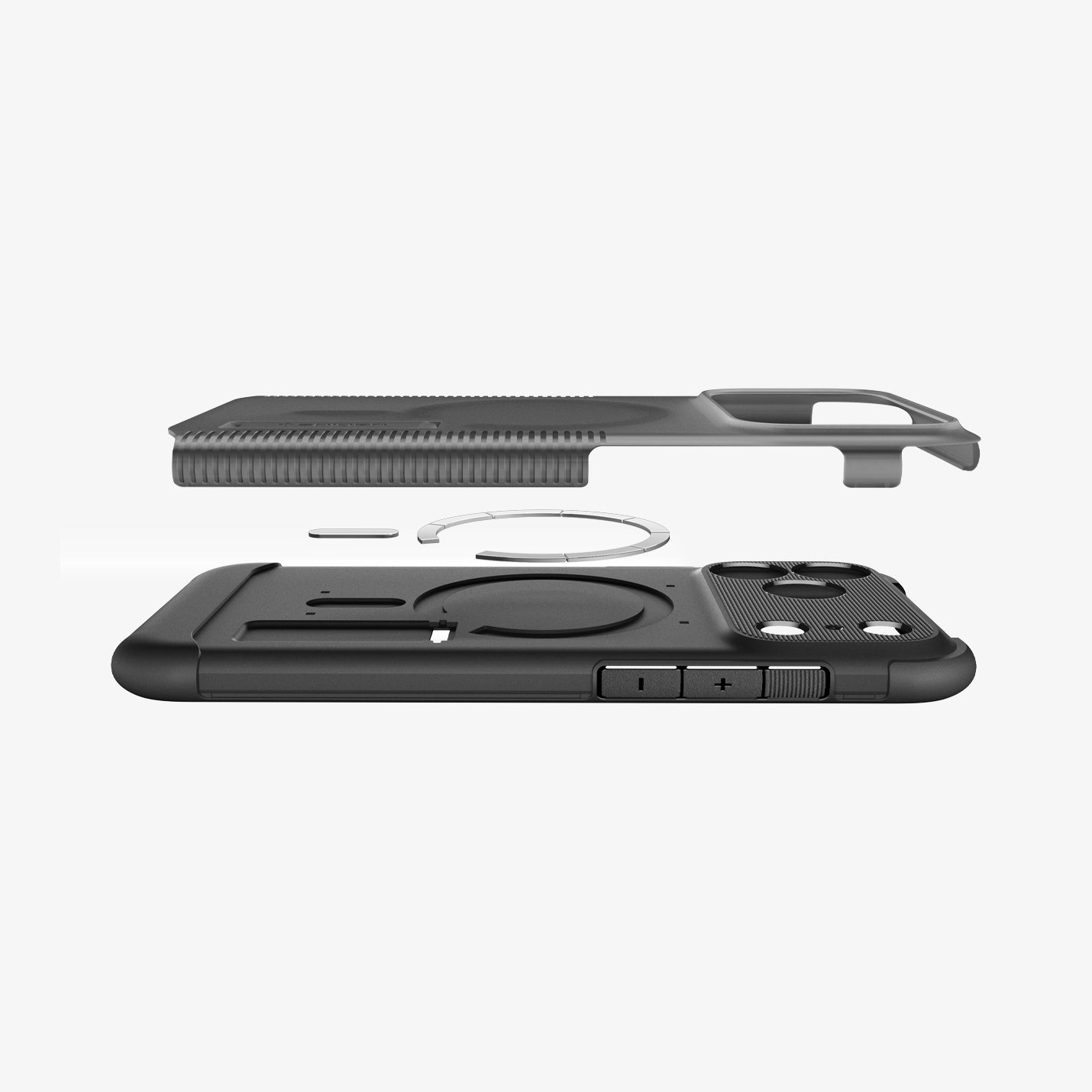 ACS09674 - iPhone 17 Pro Max Slim Armor (MagFit) in Frost Black showing the back cover hovering above detached metal ring plate and the back of the case