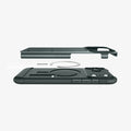 ACS09673 - iPhone 17 Pro Max Slim Armor (MagFit) in Abyss Green showing the back cover hovering above detached metal ring plate and the back of the case