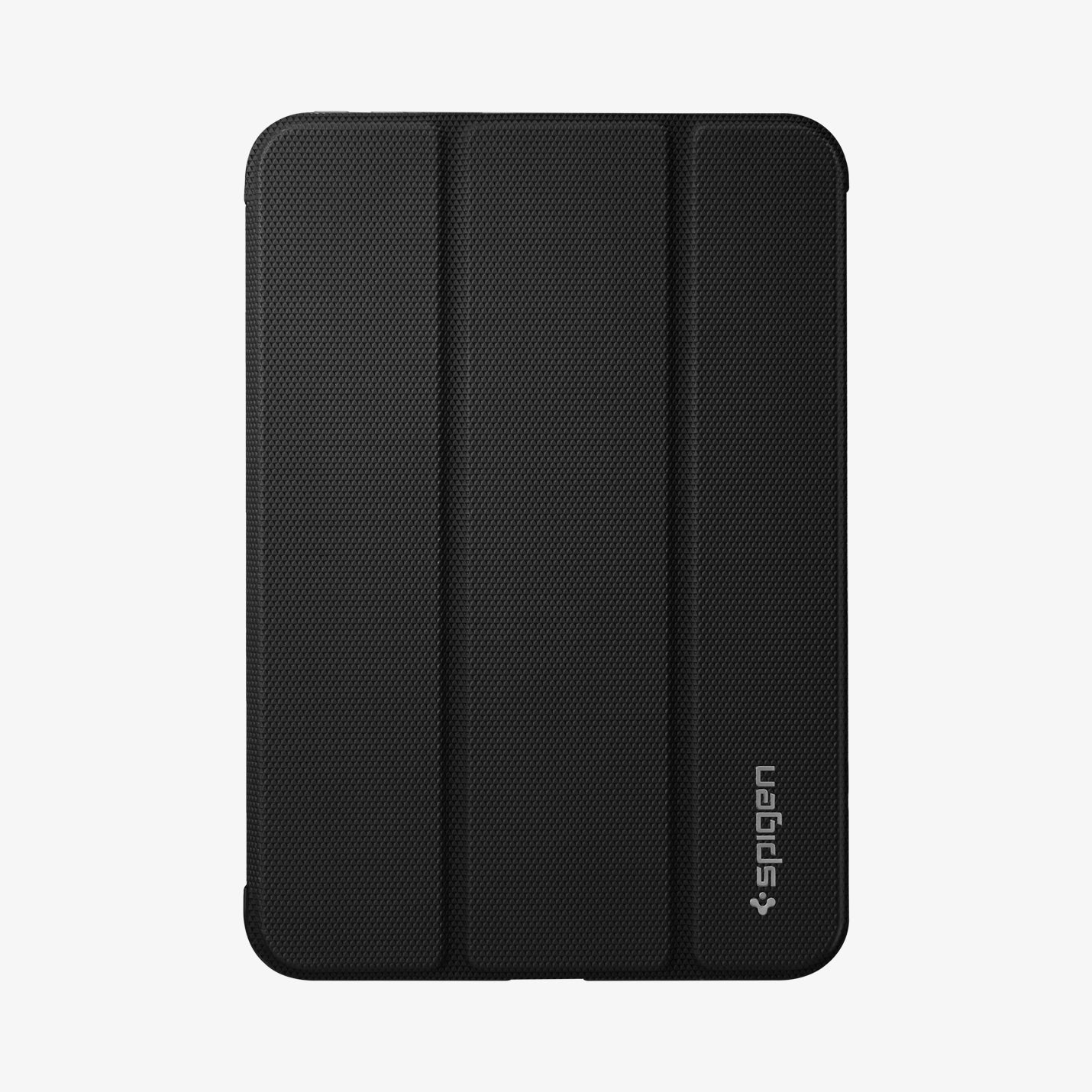 ACS03762 - iPad Mini 7 Liquid Air Folio showing the black textured tri-fold cover with Spigen logo at the bottom right corner
