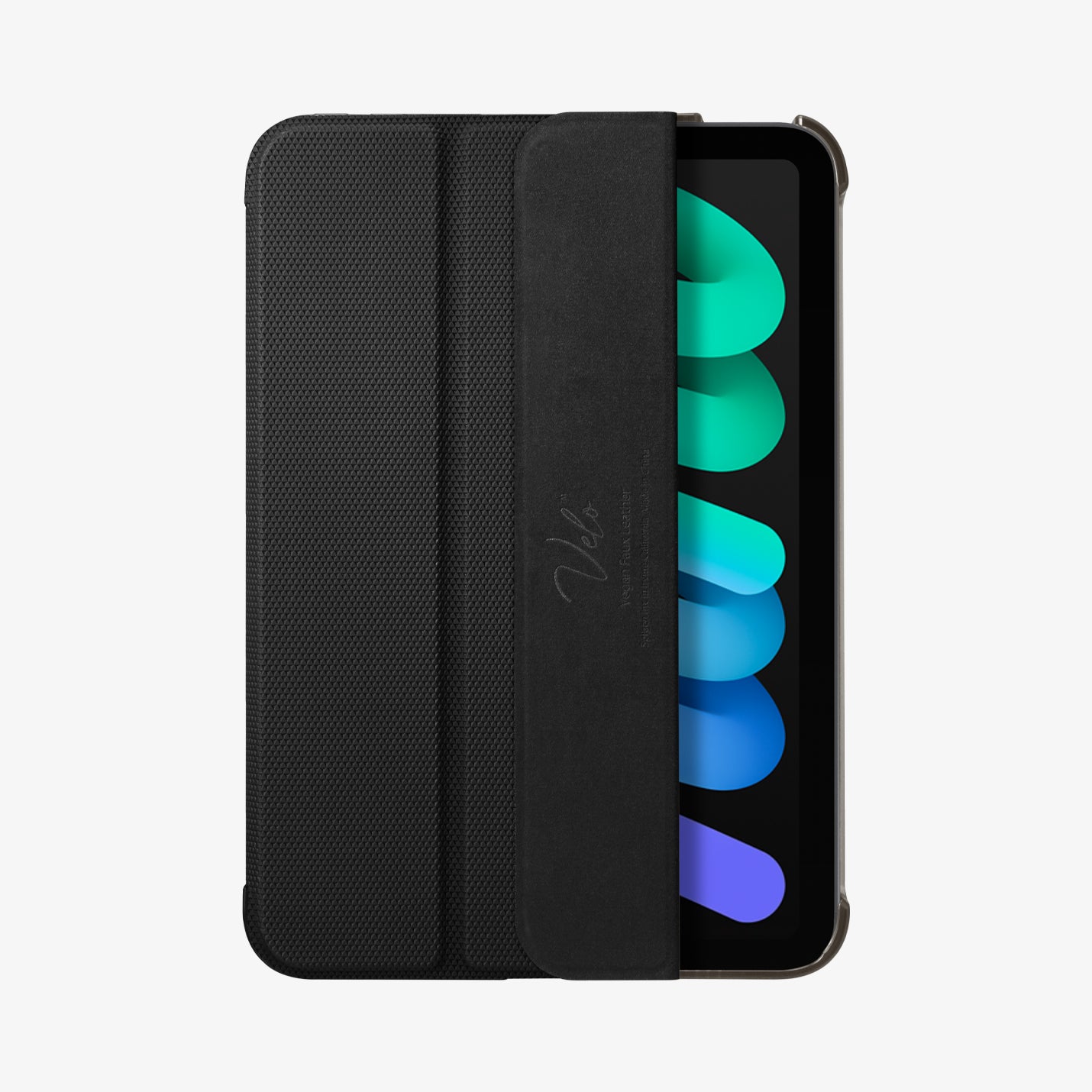 ACS03762 - iPad Mini 7 Liquid Air Folio showing the inner vegan faux leather flap with "Velo" inscription and iPad mini 6 screen partially visible with colorful wallpaper