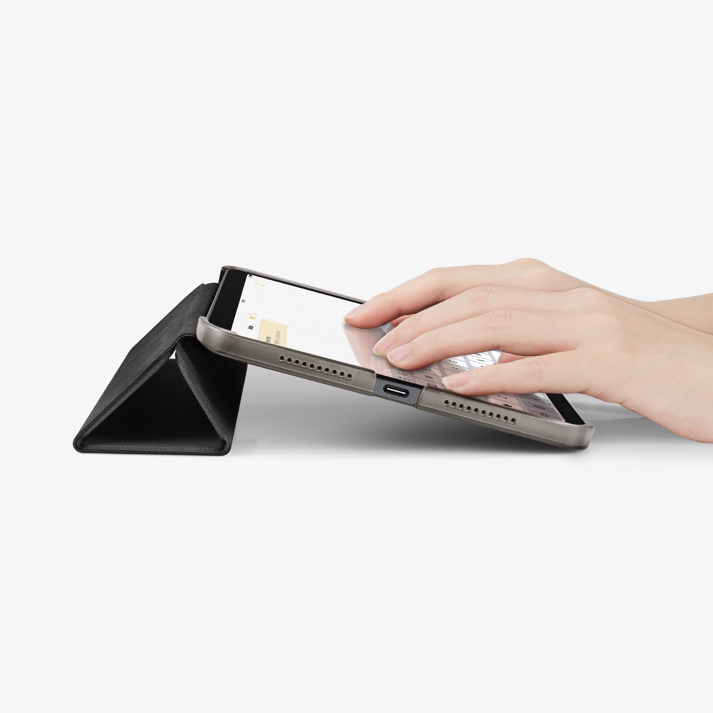 ACS03762 - iPad Mini 7 Liquid Air Folio showing top and bottom edge views with precision cutouts for the charging port, speakers, and pencil slot