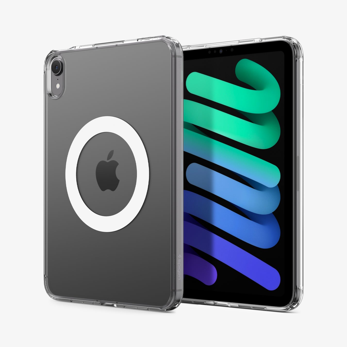 ACS11623 - Back of the clear white Spigen Ultra Hybrid case showing its magnetic ring, next to the front view of an iPad Mini displaying 'mini' with an Apple Pencil attached