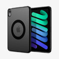 ACS11624 - Back of the frost black Spigen Ultra Hybrid case showing its magnetic ring, next to the front view of an iPad Mini displaying 'mini' with an Apple Pencil attached