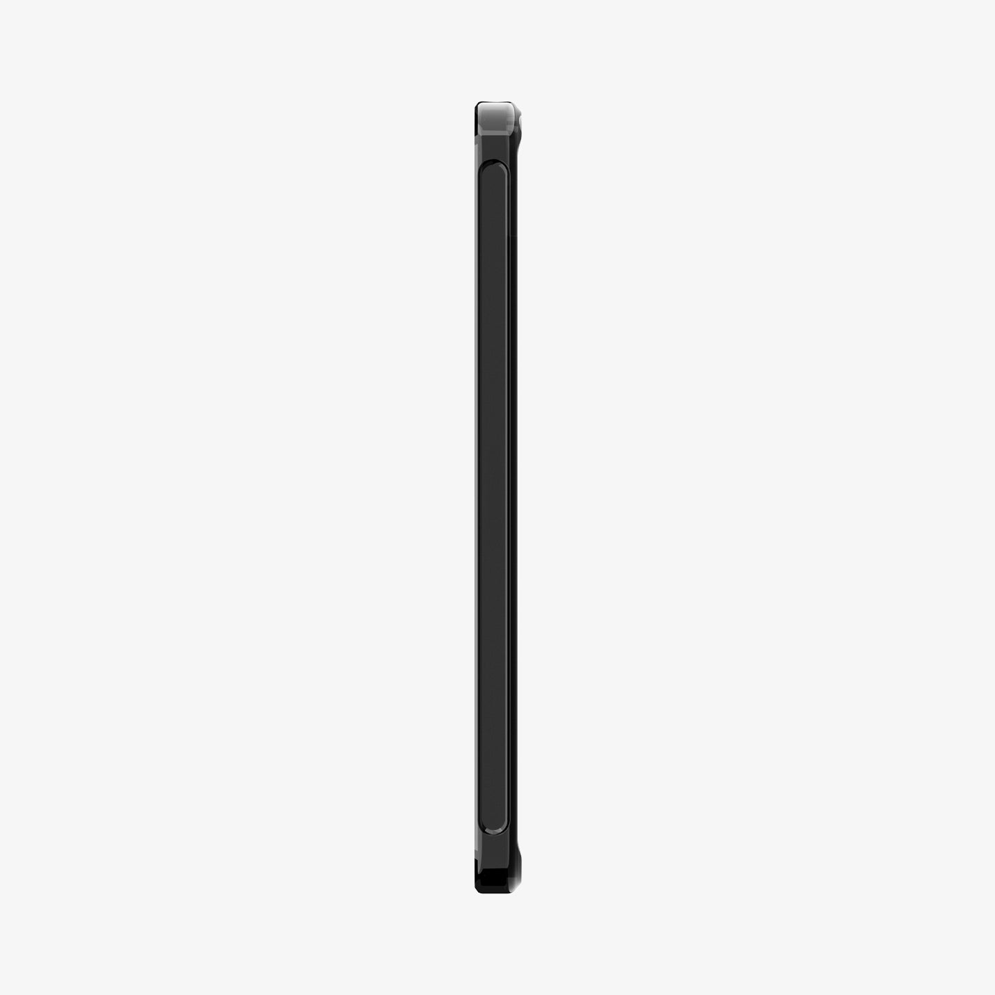 ACS11624 - Side profile of the frost black Spigen Ultra Hybrid case on an iPad Mini, showing the slim edge and volume button cutouts