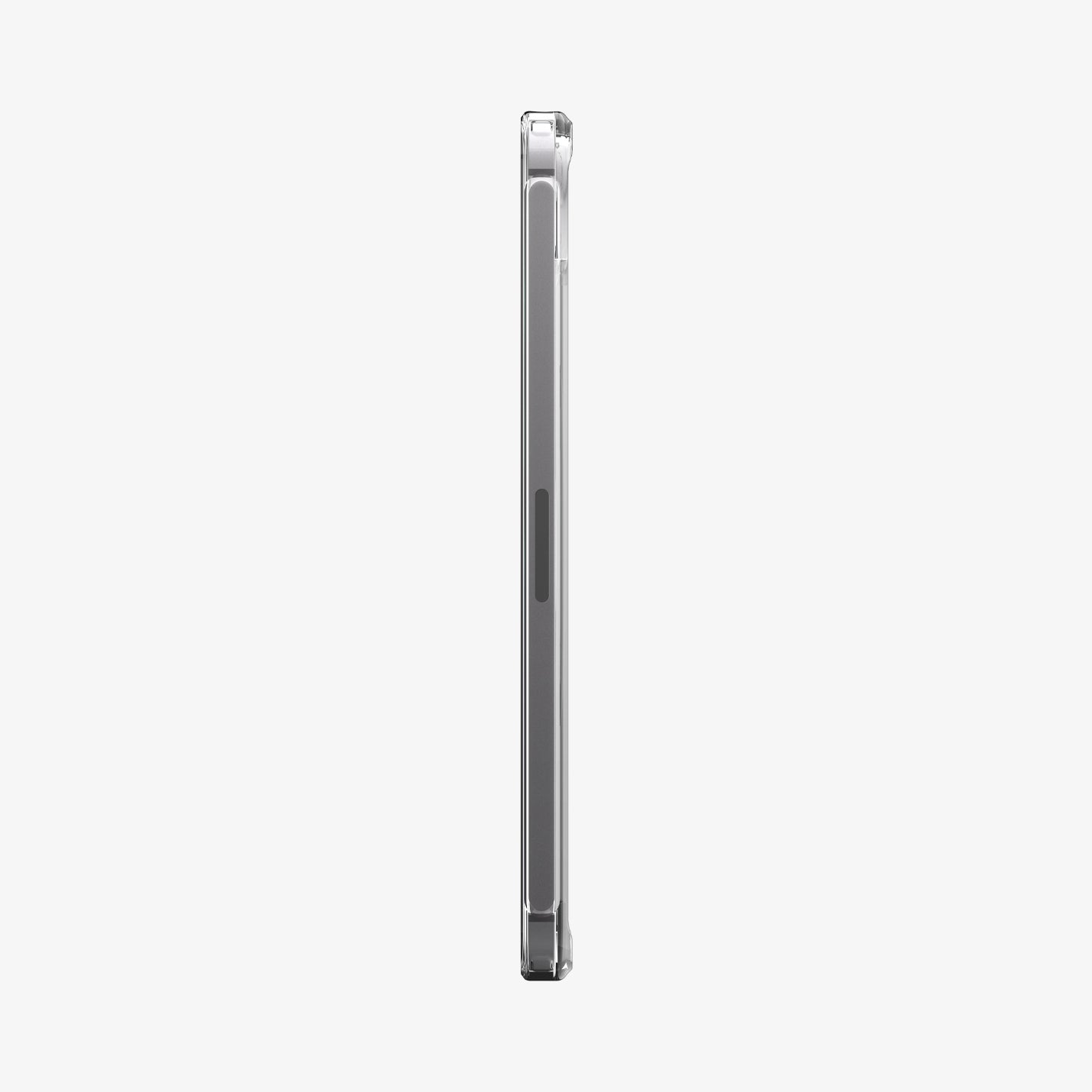ACS11623 - Side profile of the clear white Spigen Ultra Hybrid case on an iPad Mini, showing the slim edge and volume button cutouts