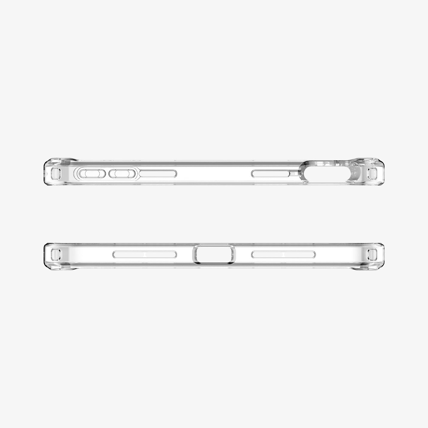 ACS11623 - Top and bottom edge views of the clear white Spigen Ultra Hybrid case on an iPad Mini, showing cutouts for the charging port, buttons, and Apple Pencil pairing