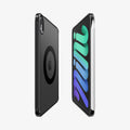 ACS11624 - Back and front views of an iPad Mini in the frost black Spigen Ultra Hybrid case, with an Apple Pencil attached to the front