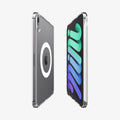 ACS11623 - Back and front views of an iPad Mini in the clear white Spigen Ultra Hybrid case, with an Apple Pencil attached to the front